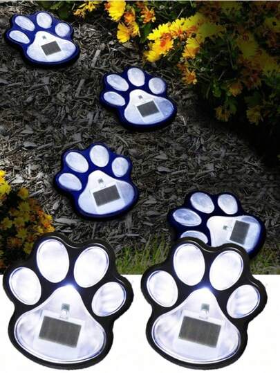 4个太阳能狗爪LED灯，爪印造型太阳能户外灯，带智能传感器，适用于猫狗、宠物花园小径的景观照明，暖白/白光LED，可爱爪印设计，适合宠物爱好者