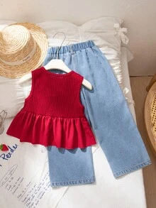 两件套少女夏季新款华夫格无袖背心，搭配3D樱桃图案上衣和宽松长款牛仔裤，甜美度假装 - 紅色 - 查看 2