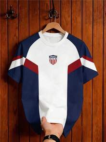 Aesthetic Post Men's Vintage Football Jersey America Bloke Core Round Neck T-Shirt,Red White And Blue Independence Day Streetwear Summer Vacation Slogan Print Top, Soccer - Multicolor - View 6