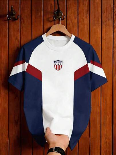 Aesthetic Post Camiseta de manga corta con cuello redondo, estampado de eslogan americano y bloques de color, adecuada para verano, fútbol, deportes y actividades al aire libre