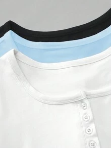 INAWLY 3 buah Kaos Wanita Lengan Pendek Kasual Sehari-hari dengan Lipit dan Potongan Pas Badan Warna Polos - MultiWarna - View 6