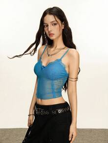 Rina Fox 女士性感简约设计蝴蝶结蕾丝吊带背心，弹力修身款上衣 - 藍色 - 查看 4