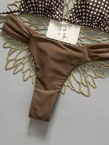 Swim Mod Summer Women's 2pcs Khaki Plaid Halter Top & Ruched Solid Color Bikini Bottom Swimwear Set, Beach Vacation Bikini Alt Woman S Bikini Sets Brown Checkered Bikini Ruched Bikini Bottom Triangle Bikini Top Bikinis Set For Women - Brown - View 5