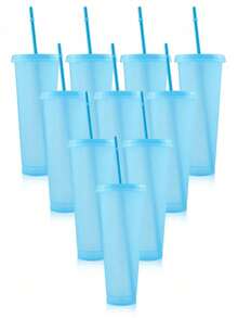 SHEIN 10 件可重复使用杯子带盖和吸管 24 盎司塑料杯冰咖啡杯旅行杯适用于冰沙果汁生日过夜派对用品女孩户外运动水瓶 - 彩色 - 查看 21