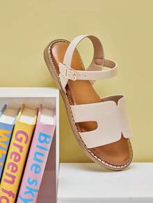 Mini mi Sandal đế bằng cho bé gái, kiểu dáng hở gót, quai ngang mắt cá chân, chất liệu PU cao cấp, đế ngoài viền vàng, lót trong thoải mái, thời trang sành điệu hàng ngày. - trắng - Xem 4