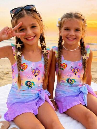 少女休闲彩色紫色韩流明星卡通女团图案连体泳衣，适合夏季穿着