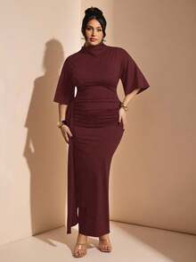 SHEIN BAE Đầm ngắn tay đơn giản, màu trơn, cỡ lớn, phong cách thường ngày - Màu Đỏ Sâu - Xem 3