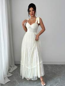 Elenzga 女士吊带系带收腰A字优雅浪漫精致蕾丝连衣裙 - 杏色 - 查看 5