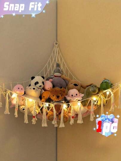 SHEIN 1PC Boho Stuffed Animal Toy Hammock Macrame Large Corner Mesh Toy Storage Hanging Wall Toys Organizer For Bedroom Decor, Cream(Without String Lights) 39.4" X 39.4" X 59"