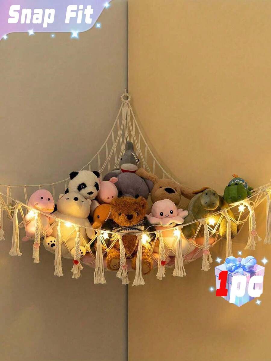 SHEIN 1PC Boho Stuffed Animal Toy Hammock Macrame Large Corner Mesh Toy Storage Hanging Wall Toys Organizer For Bedroom Decor, Cream(Without String Lights) 39.4" X 39.4" X 59" - White - View 1