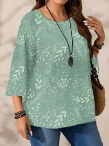 EMERY ROSE Plus Size Women Casual All-Over Print Round Neck Loose 3/4 Sleeve Shirt, Autumn/Winter - Green - View 5