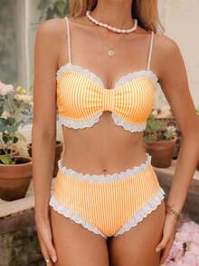Swim Mod Bộ đồ bơi tankini ren mới, kẻ sọc, viền bèo nhún. - trái cam - Xem 6