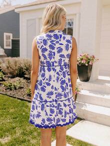 Coeurva Vestido de Flor Elegante Formal de Primavera Verão para Férias, Vestido de Verão Casual Elegante Romântico com Estampa Floral para Mulheres, Adequado para Uso Diário, Férias e Praia, Vestidos Azuis para Mulheres, Vestido Branco para Férias, Vestido de Verão Boho para Mulheres, Vestido Floral Azul e Branco, Vestido Floral Casual - Azul e Branco - Visão 2