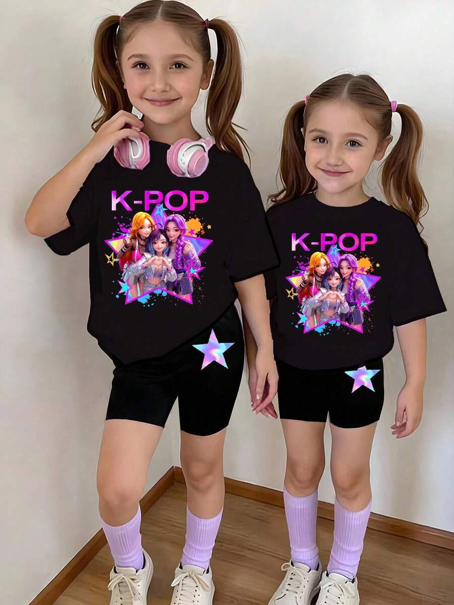 2pcs/Set Tween Girls Casual K-POP Cartoon Girl Pentagram Color Block Short Sleeve Crew Neck T-Shirt And Matching Shorts Set, Comfortable Knit Outfit For Girls Daily Vacation, Purple T-Shirt Set - Pink - View 1