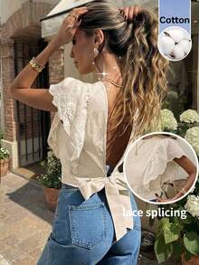 Serisse Áo kiểu nữ màu mơ cổ chữ V, viền bèo nhún, hở lưng - Màu be - Xem 8