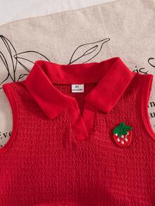Elladie kids 2件套女童夏季新款杏色纹理针织面料领口拼接草莓装饰背心上衣和牛仔裙裤荷叶边草莓刺绣复古可爱套装 - 彩色 - 查看 7