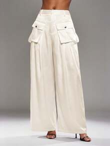 NYA SZN Pant High Rise Cargo Pocket Wide Leg Flowy Loose Summer Fall Satin Brown Business Casual Event Special Occasion Luxury Outfits For Women - White - View 6