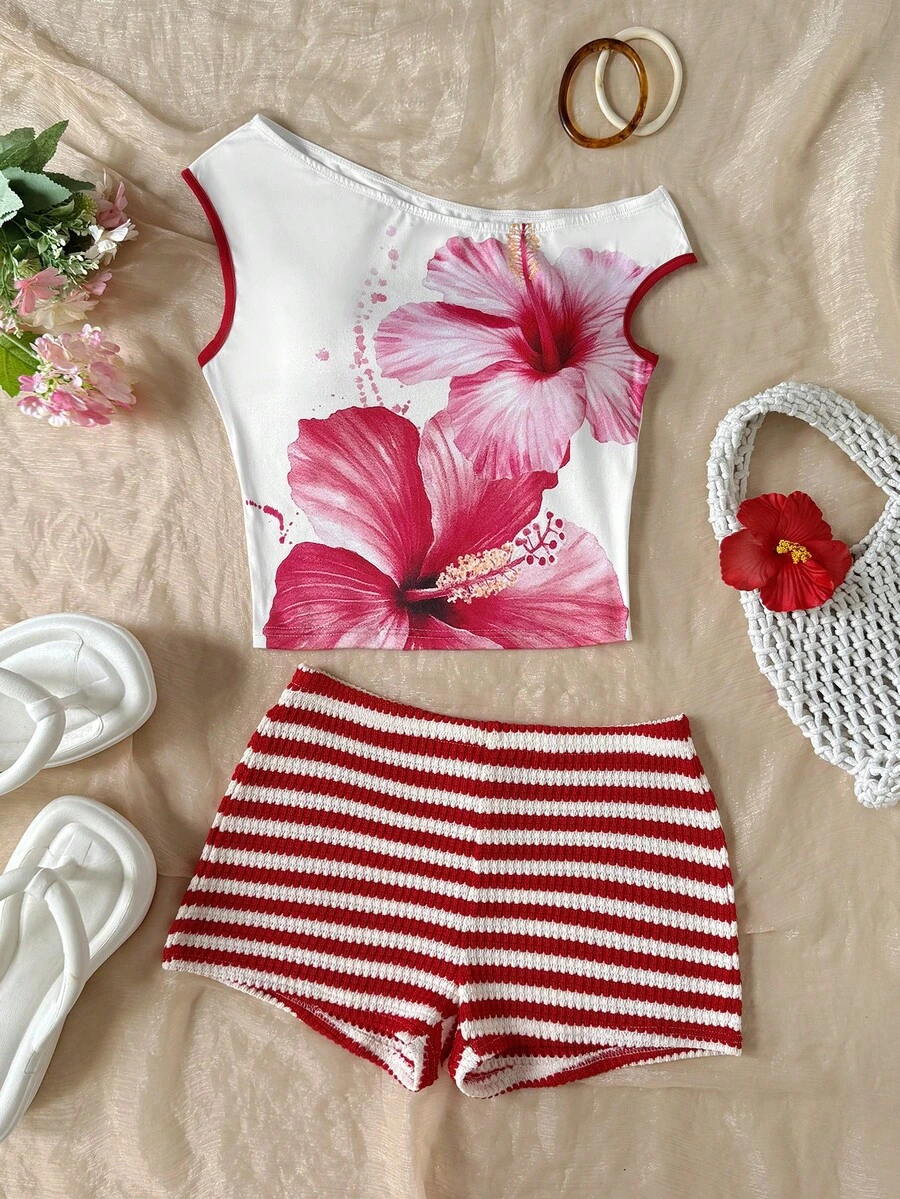 SHEIN 兒童與青少年女孩 2 件套:不對稱領條紋針織提花彈性背心上衣與低腰修身短褲,適合派對、聖誕節、情人節、約會、海灘、郵輪、嘉年華、復活節 - 紅色 - 查看 1