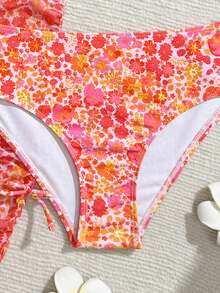 SHEIN 少女碎花比基尼套装，可爱紫色/橙色/蓝色彩色泳装，针织面料挂脖露背可调节肩带，三件式泳衣搭配印花网纱裙，时尚休闲优雅泳装，适合游泳、海滩、夏季度假 - 彩色 - 查看 6