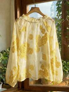 Airaco Women's Floral Embroidery Raglan Sleeve Loose Blouse - Yellow - View 2