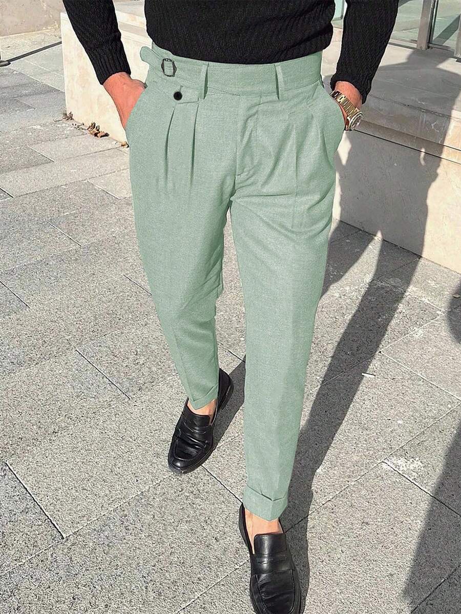 Calvornis Men's Solid Color Pleated Straight-Leg Loose Fit Suit Pants For Ceremony - Green - View 1