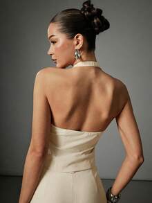 Hauture Women's Sexy Casual Solid Color Zipper Front Backless Halter Neck Sleeveless Top - White - View 6