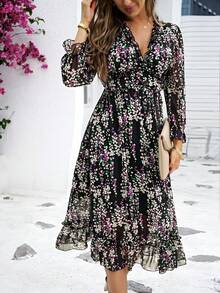 SHEIN Holidaya Vestido largo con estampado floral diminuto, mangas con volantes y dobladillo con volantes, para vacaciones y playa para mujeres - Multicolor - Ver 5