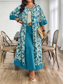 EMERY ROSE Plus-Size Ladies' Woven Printed Holiday Routine 2 Pieces Set - Teal Blue - View 4