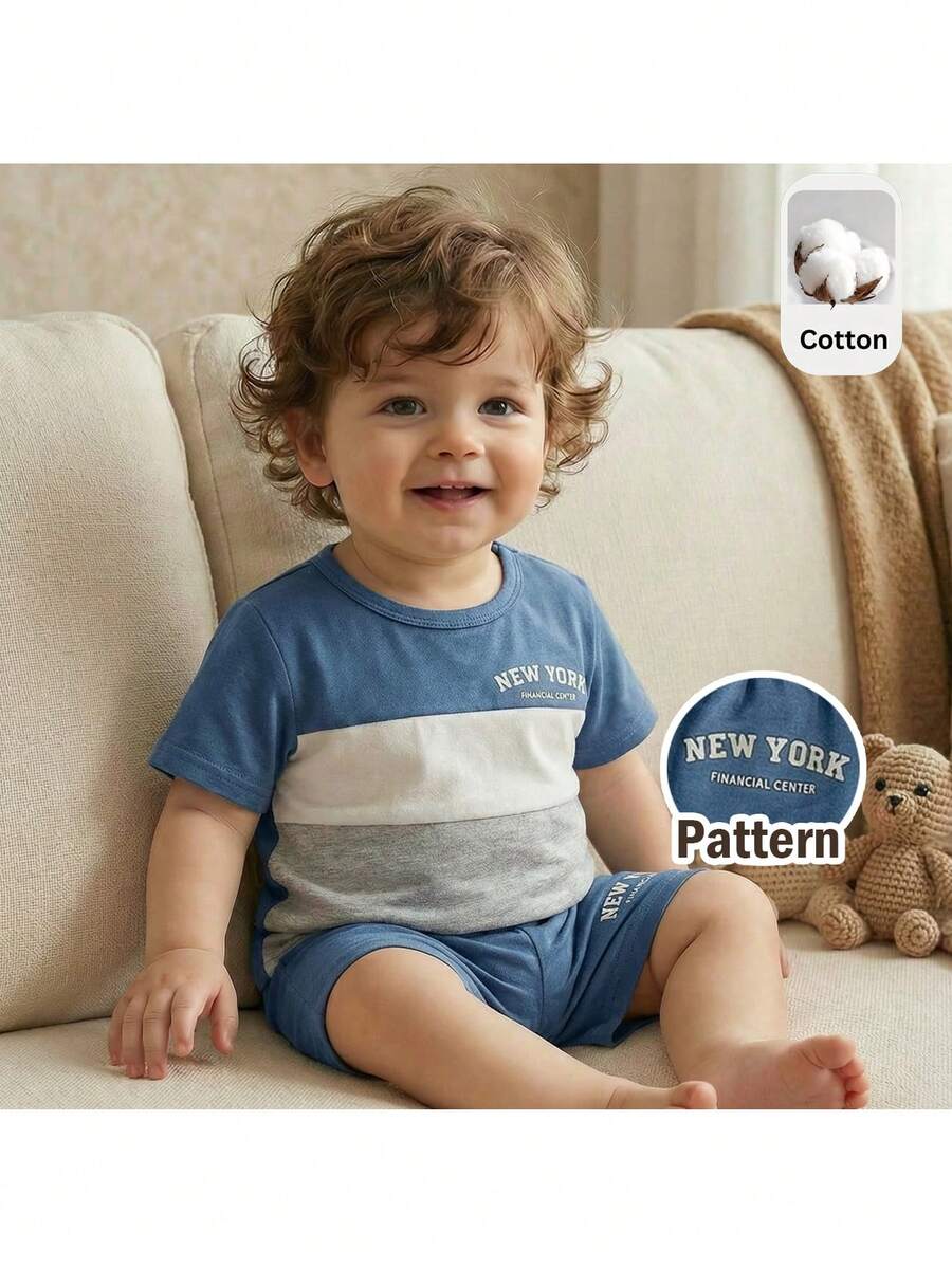 Loomiva 2pcs Baby Boy Letter Print Contrast Color Round Neck Short Sleeve Top And Elastic Waist Shorts Set,Kids - Multicolor - View 1