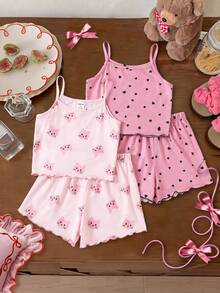 Dozemod Tween Girl Tween Girls 4 件套卡通猫和心形印花荷叶边吊带背心和短裤睡衣套装，舒适休闲阻燃 - 淺粉色 - 查看 1