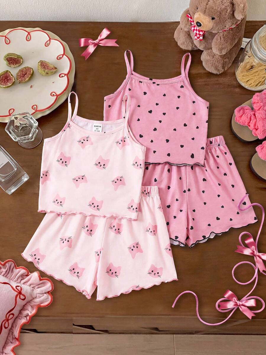 Dozemod Tween Girl Tween Girls 4 件套卡通猫和心形印花荷叶边吊带背心和短裤睡衣套装,舒适休闲阻燃 - 淺粉色 - 查看 1
