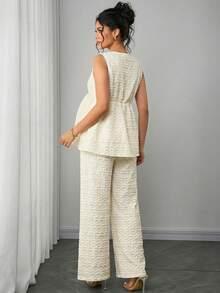 SHEIN Woven Clover Jacquard Elegant Comfortable Maternity Tie-Front Top And Straight Leg Pants 2 Pieces Set - Multicolor - View 2