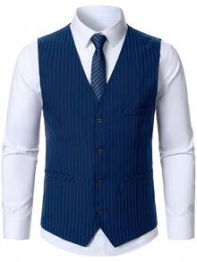 Manfinity Mode Men's Fashion Striped Print Suit Vest And Pants Set - Navy Blue - View 5