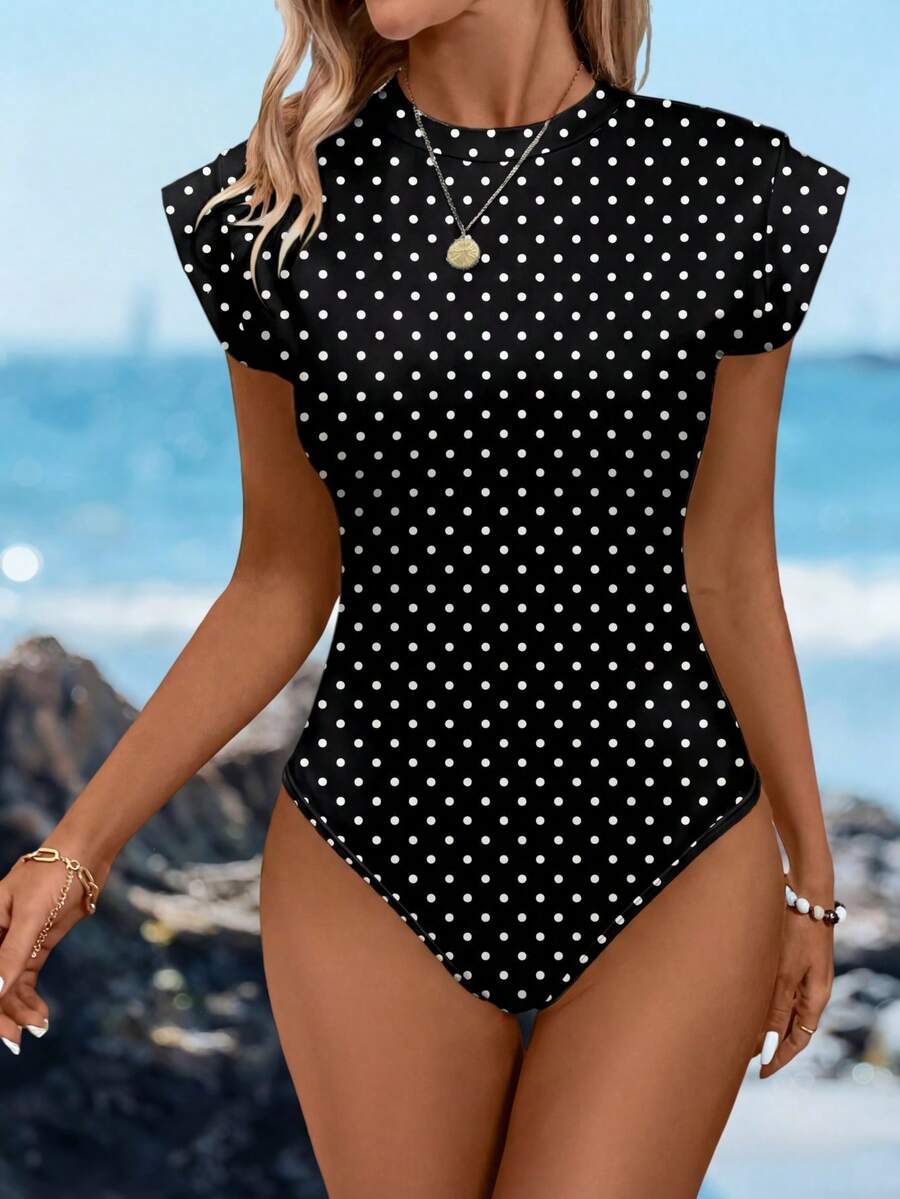 Sylviya 女士休闲复古撞色黑白波点印花连体衣，适合春夏穿着，可叠穿，运动休闲，沙滩装，时尚百搭，Y2K风格，女士春季连体衣，休闲款 - 彩色 - 查看 1