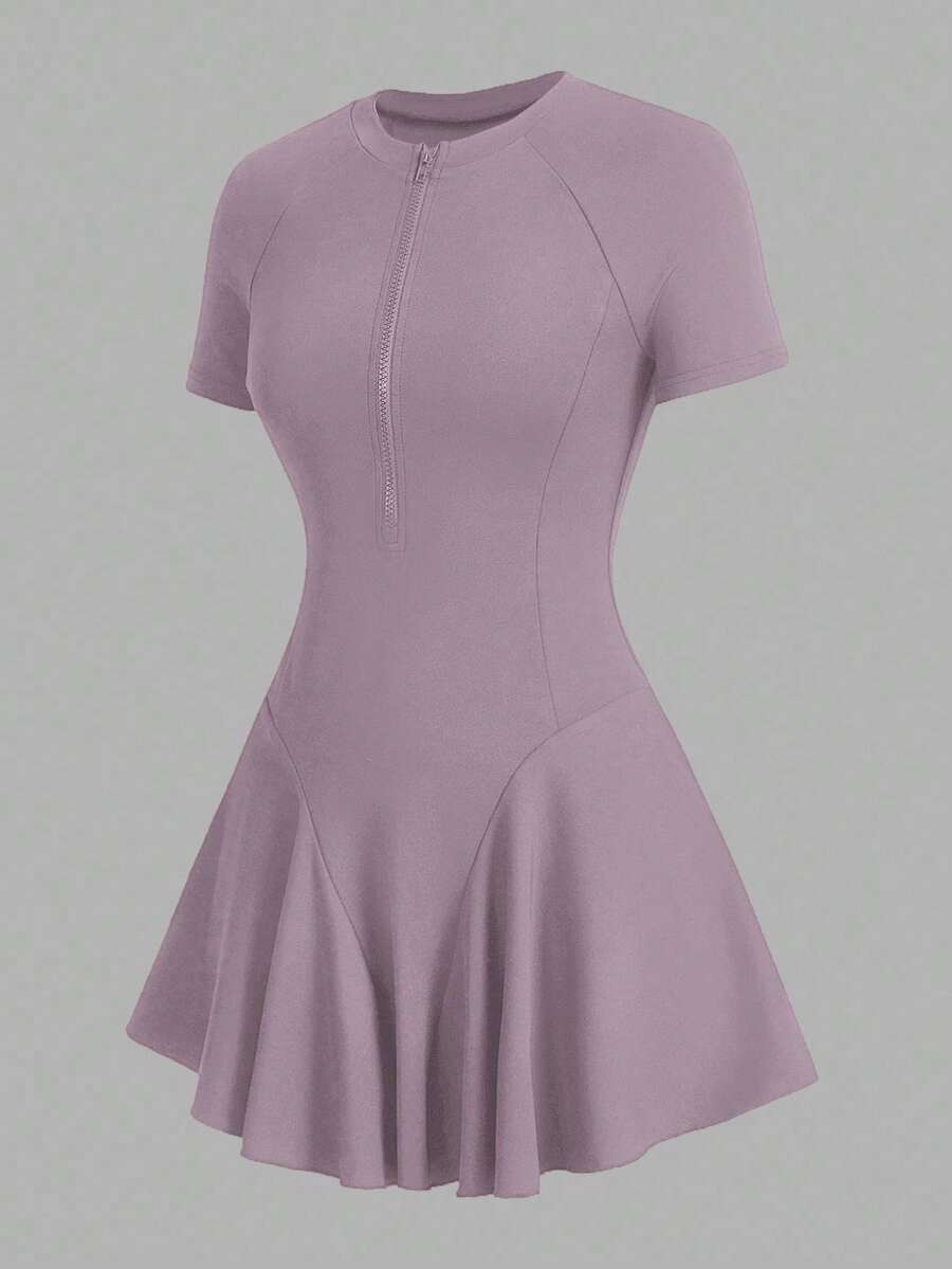 CourtClass CourtClass Women's Solid Color Round Neck Casual Daily Sports Dress And Shorts Set Pirple Dress For Women - Purple - View 1
