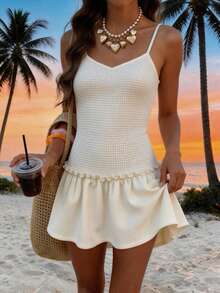 INAWLY Solva 女士度假休闲拼接荷叶边吊带迷你连衣裙 - 杏色 - 查看 5