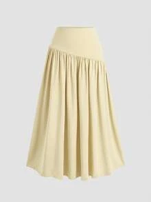 Sweetra Spring/Summer New Arrival Boat Neck Pleated Asymmetric Hem Top & Long Skirt Set, Fashionable Casual - Light Yellow - View 4
