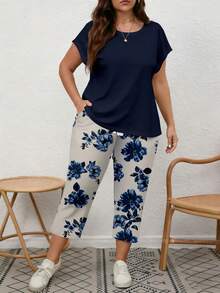 EMERY ROSE Conjunto de 2 piezas para mujer talla grande: Blusa de cuello redondo de unicolor y pantalones de pierna ancha con estampado floral, uso casual diario - Multicolor - Ver 4