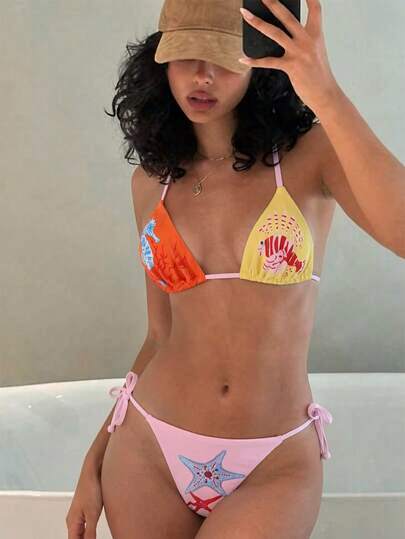  Bộ bikini 2 mảnh phong cách Boho nhiệt đới thanh lịch mới về của Swim Mod dành cho nữ - Áo tam giác buộc dây cổ màu sắc phối hợp với hình cá ngựa và cá sư tử, quần bikini buộc dây bên hông với họa tiết sao biển - Vải co giãn nhanh khô - Thiết kế sinh vật biển nhiều màu sắc rực rỡ - Hoàn hảo cho kỳ nghỉ hè ở bãi biển, tiệc bể bơi, lễ hội âm nhạc, đám cưới, trang phục nghỉ lễ mùa xuân.