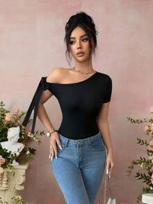 Rafferiza Women's Commute & Vacation Tie Bow Short Sleeve T-Shirt, Suitable For Party And Gathering, Spring/Summer Outfits For Women - Black - View 5