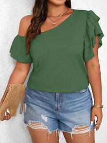 EMERY ROSE Plus Size Women Solid Color Ruched Asymmetrical Shoulder Casual Versatile Daily T-Shirt - Green - View 1