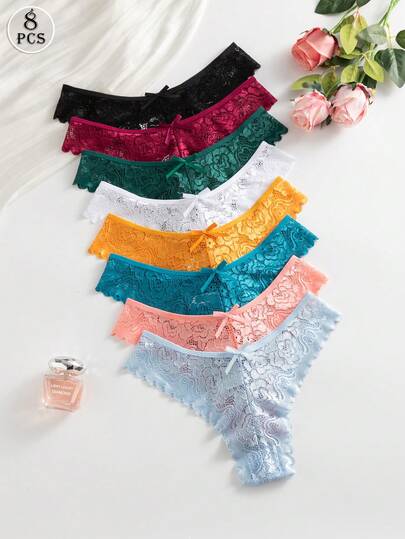 Bộ 8 chiếc quần lót dây ren gợi cảm lãng mạn dành cho nữ, nhiều màu sắc.