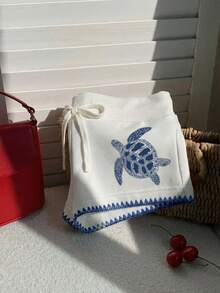 SHEIN EZwear 休闲简约蓝色防起球刺绣饰边海龟印花抽绳腰修身短裤，花卉印花，适合夏季、度假、海滩派对 - 白色 - 查看 4