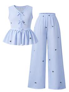 Sparklyn Bộ đồ cho bé gái tuổi teen: Áo peplum không tay in họa tiết sọc anh đào, trang trí nơ, gồm áo và quần ống rộng, thích hợp cho mùa xuân/hè. - Màu xanh lam - Xem 8