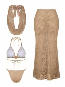 Swim Oasis Bộ bikini cao cấp, thanh lịch, thời trang kèm váy sarong che phủ đi biển, thích hợp cho mùa xuân/hè. - Màu Khaki - Xem 2