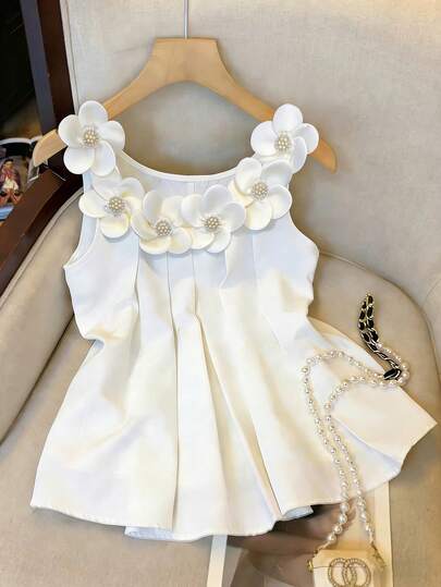 GlowEve CURVE 大码女士优雅春夏衬衫，甜美3D立体花卉无袖吊带衫，适合度假和浪漫约会。都市通勤风，宽松度假风大码女式衬衫