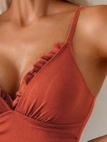 SHEIN Swim 女士纯色荷叶边系带连体泳衣，休闲度假 - 橘色 - 查看 4