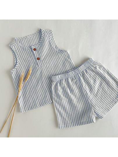 Loomiva 2pcs Baby Boy Colorful Striped Sleeveless Crew Neck Top And Elastic Waist Shorts Set