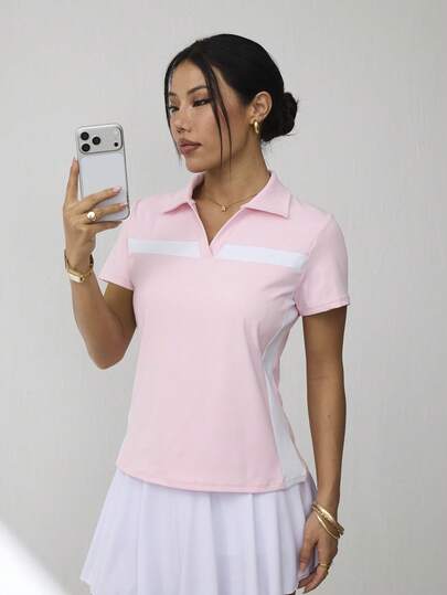 Dewbera Women's Contrast Color Short Sleeve Casual Fitness Yoga Sports Polo