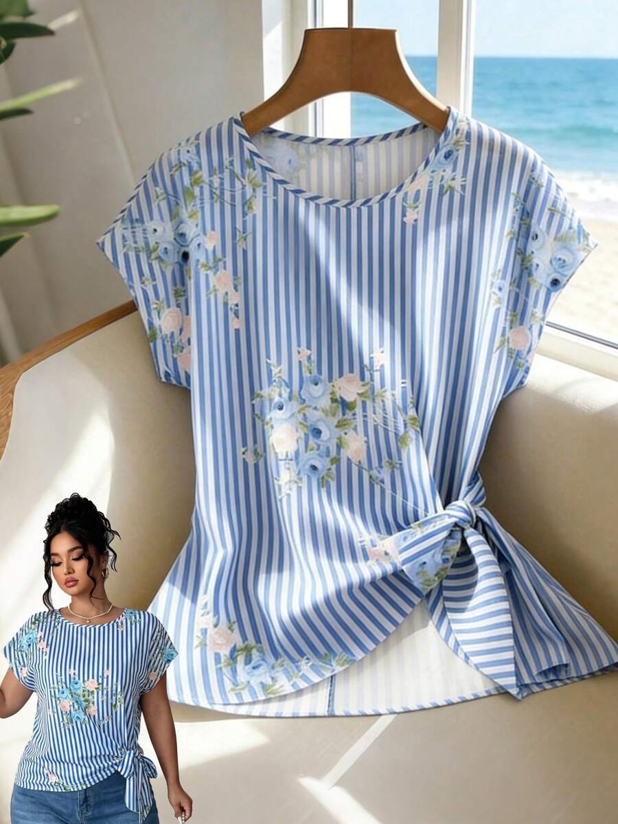 GlowEve CURVE Women's Blue And White Striped Floral Print Tie Front Short Sleeve Blouse,Summer Tropical Vacation Holiday Casual Tops Filipiniana Shirts & Blouses - Multicolor - View 1